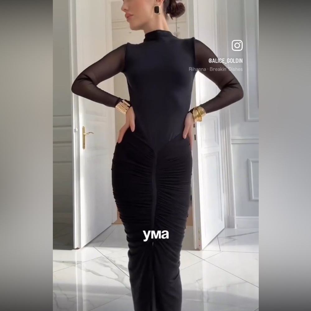 Zara NWT black ruched open back mesh long sleeves draped midi maxi ruched dress